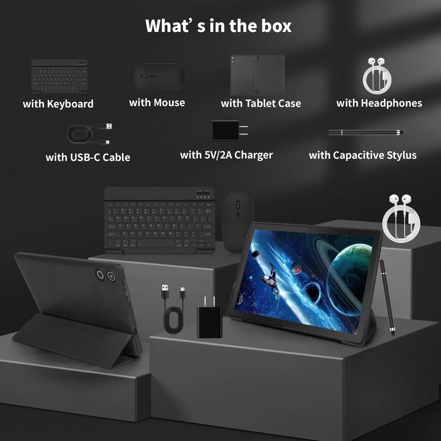 Android 14 10 inch Tablet,+Keyboard & Mouse Set, Black