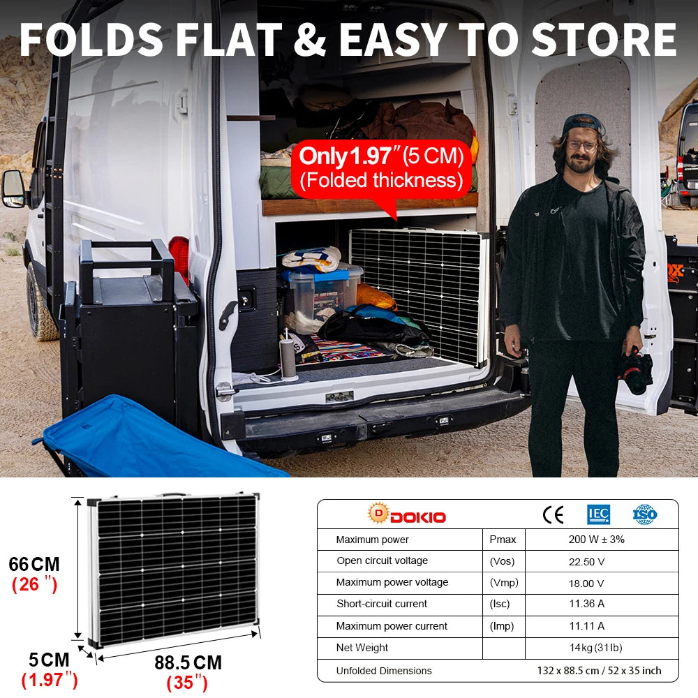 DOKIO 100W/160w/200w 18V Glass Folding Waterproof Solar Panel