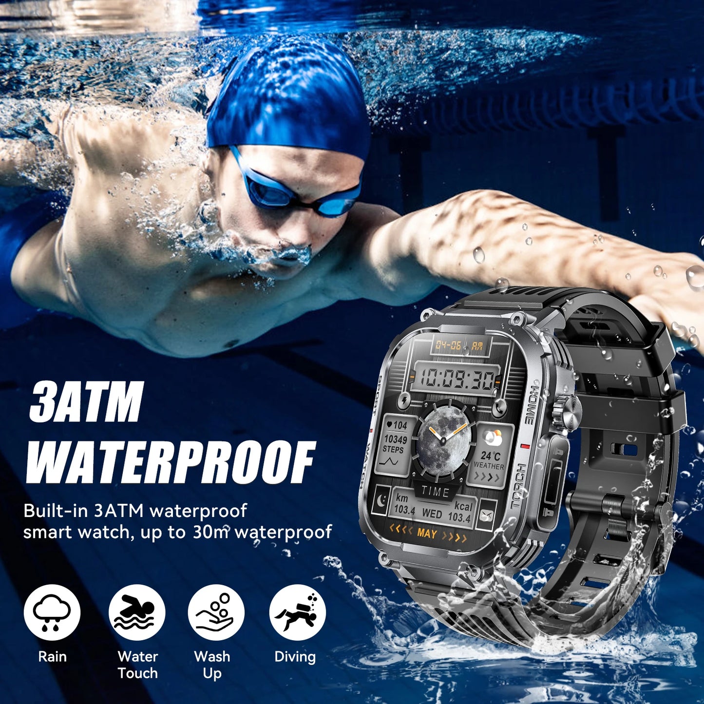 Smart Watch, Waterproof With Compass And LED Flashlight