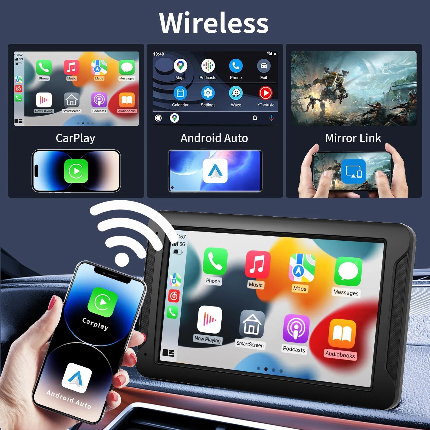 Wireless Car Play Screen for Car, 7" HD Portable Stereo Touch screen with Backup Cam