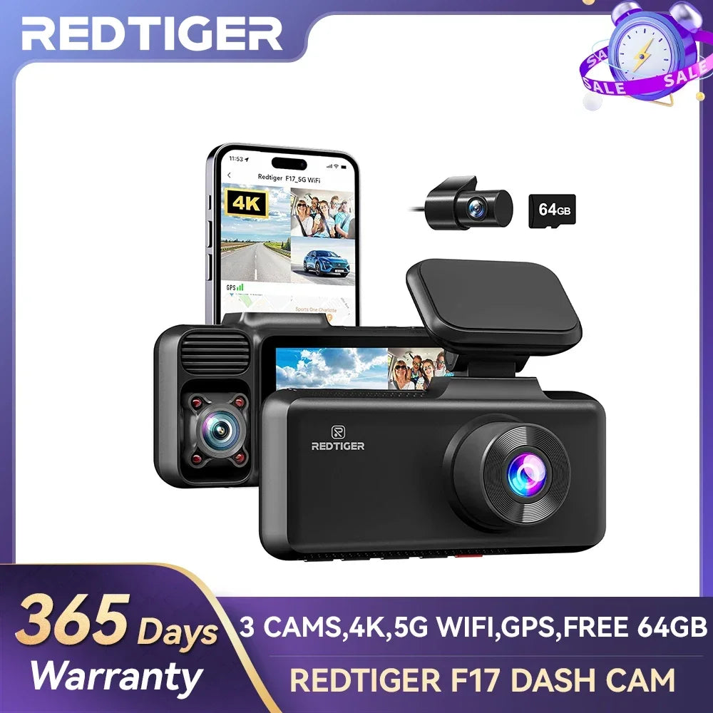 4k Dash Camera with 5G WiFi Triple Car Cameras Built-in GPS