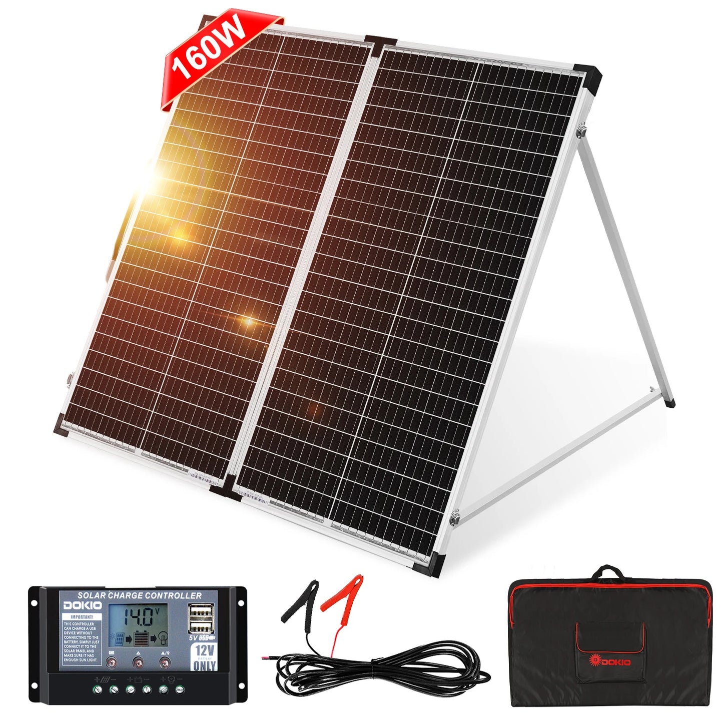 DOKIO 100W/160w/200w 18V Glass Folding Waterproof Solar Panel