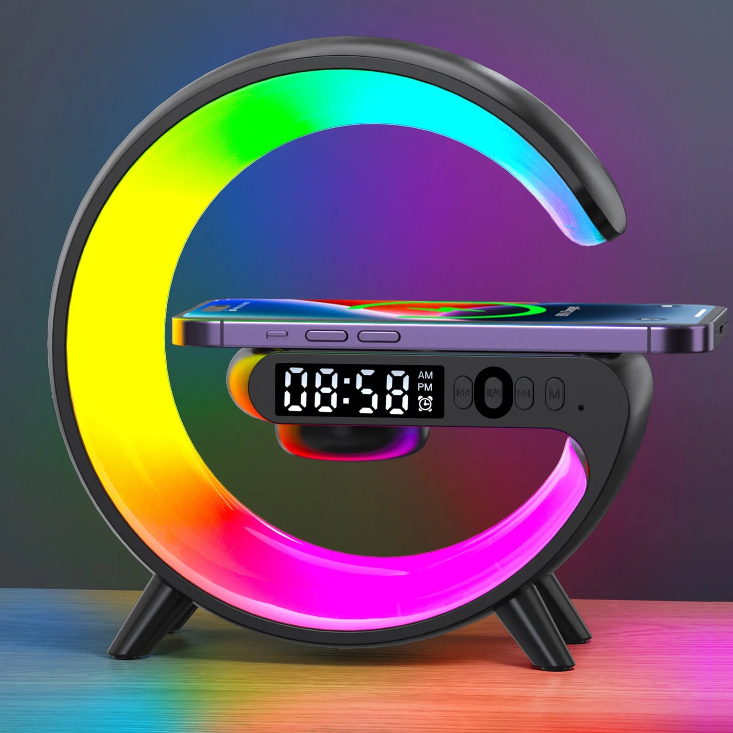 Wireless Charger Stand Bluetooth Speaker, Clock Light Lamp For iPhone Samsung