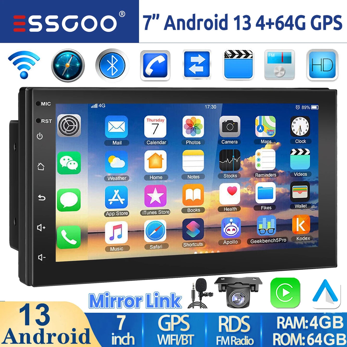 10“ 2 DIN Android 14 4+64G Car Stereo, Carplay Touchscreen