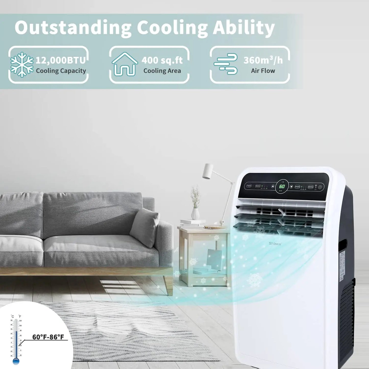 12,000 BTU Smart Wi-Fi Portable Air Conditioner, Built-in Cool, Dehumidifier and fan.