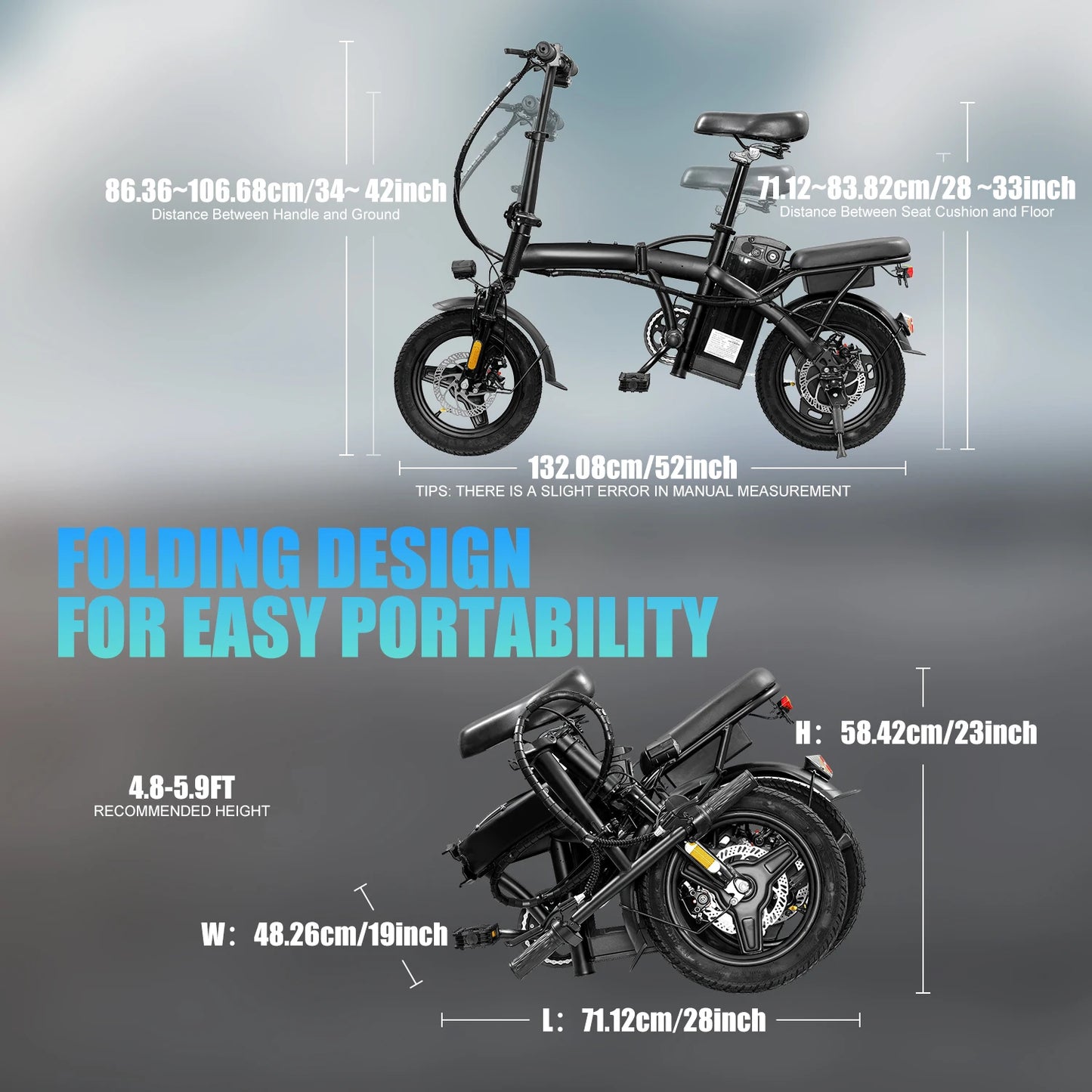 Foldable Electric Bike w/ Seat &Basket 48V 350W Motor 22Miles Range