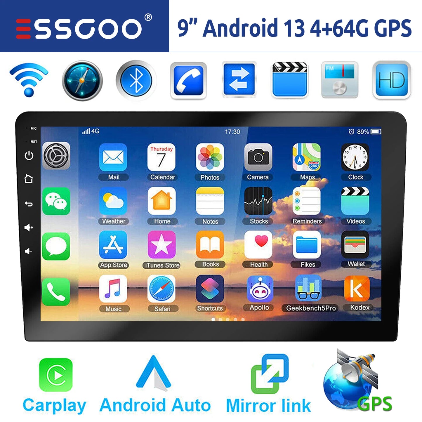 10“ 2 DIN Android 14 4+64G Car Stereo, Carplay Touchscreen
