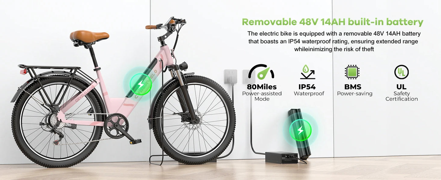 1000 Peak Electric Bike for Adults, up 80 Miles Removable Battery