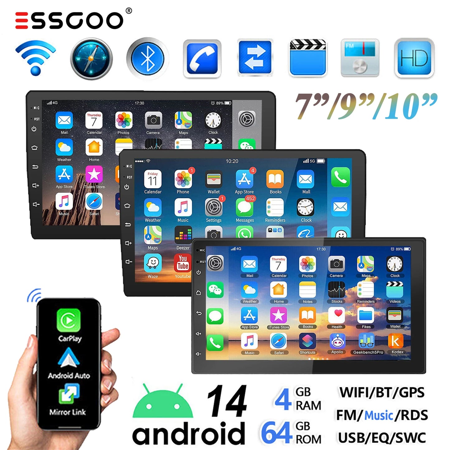 10“ 2 DIN Android 14 4+64G Car Stereo, Carplay Touchscreen
