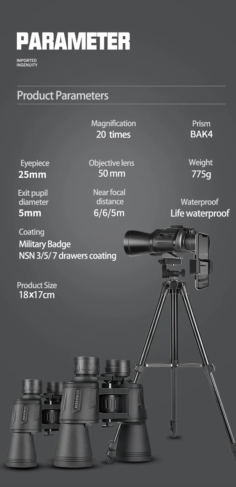 50000M German Military 20X50 Zoom HD BAK4-Prism Powerful Binoculars