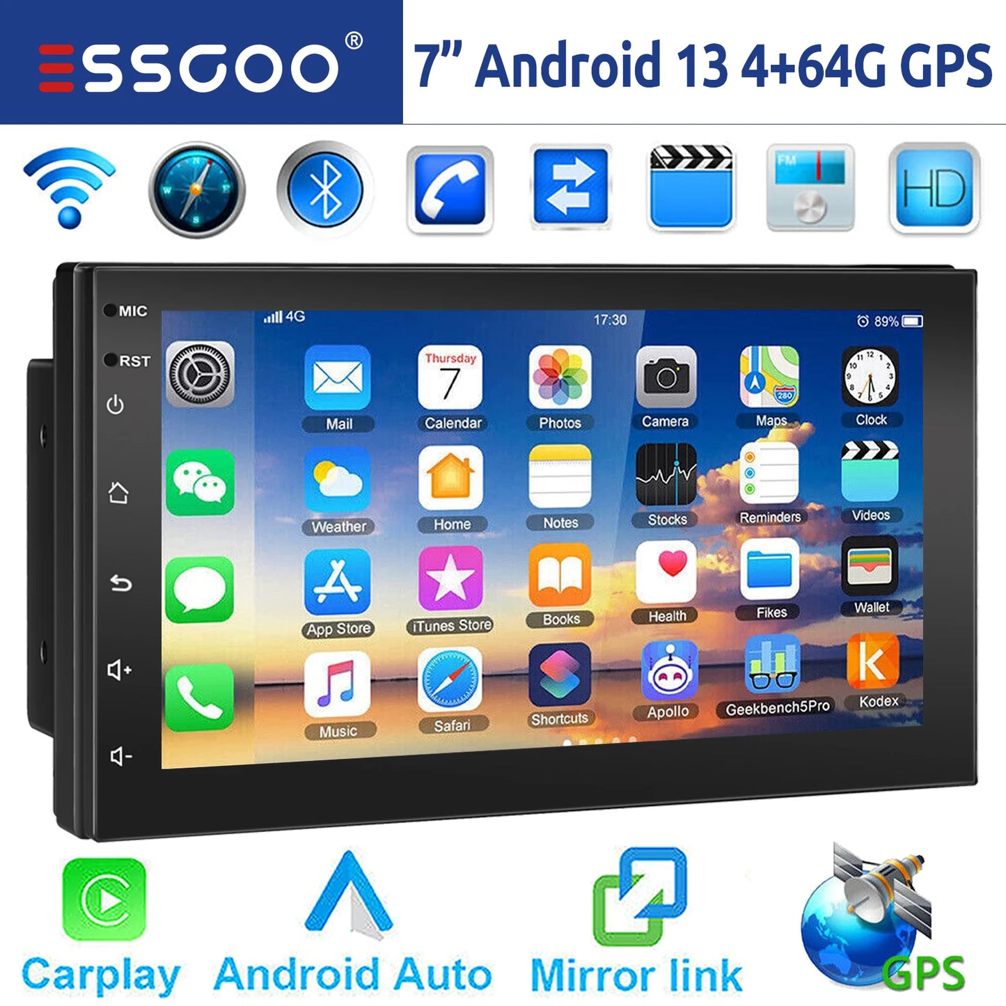 10“ 2 DIN Android 14 4+64G Car Stereo, Carplay Touchscreen