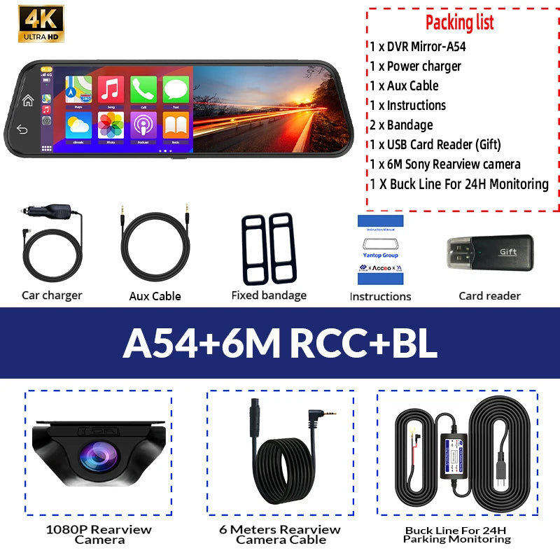 Dash Cam 4K Car Mirror Wireless Carplay & Android Auto