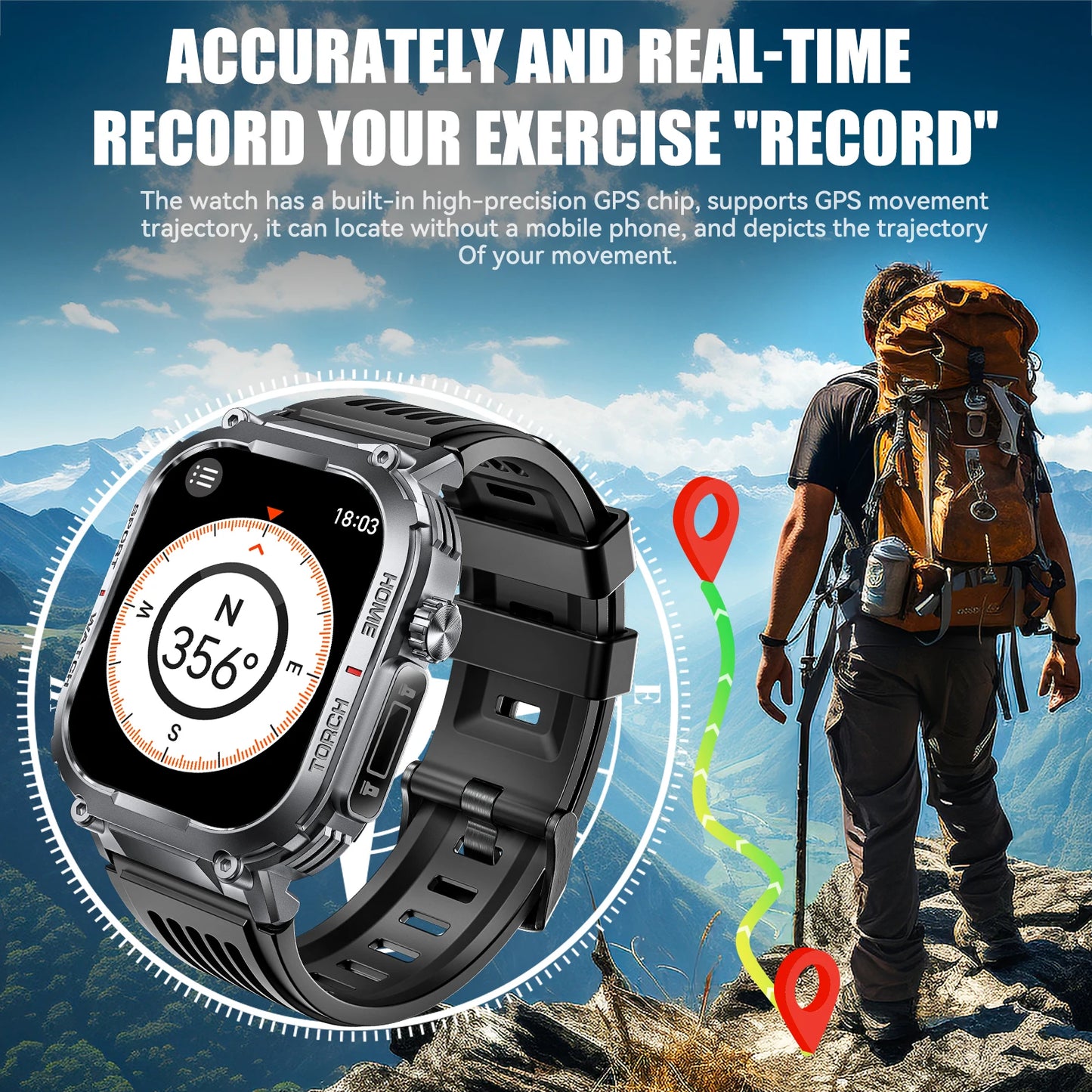 Smart Watch, Waterproof With Compass And LED Flashlight