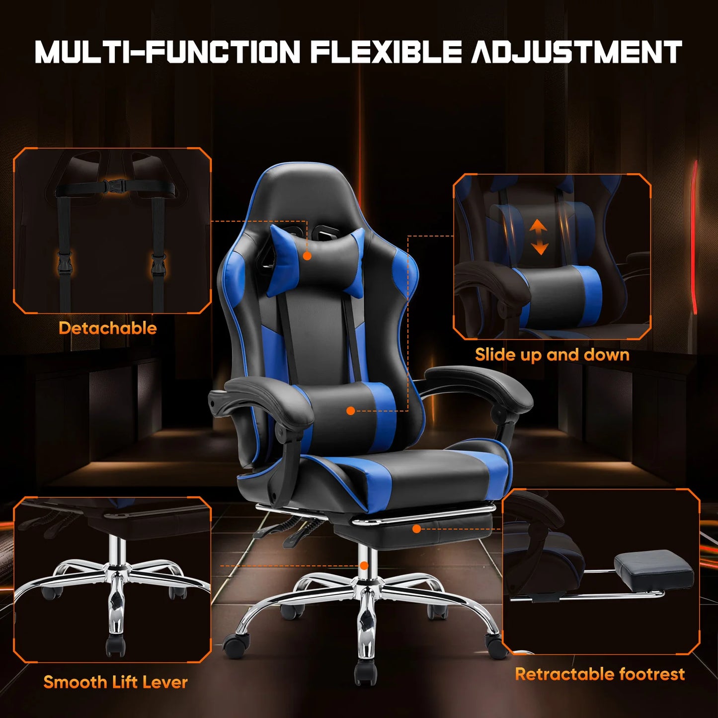 Gaming Chair Adjustable Swivel with Headrest and Lumbar Support