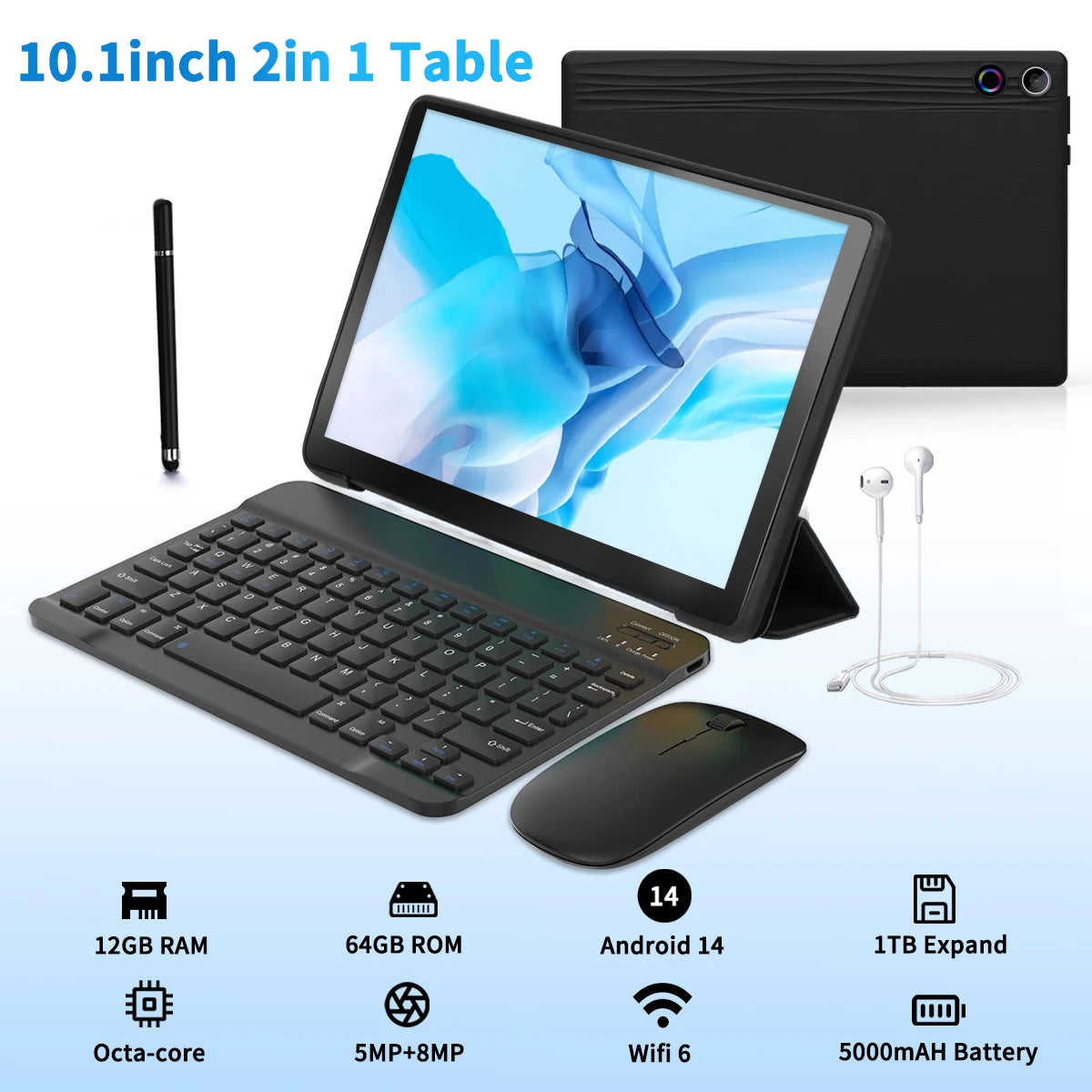 10Inch Tablet Android 14, HD IPS Screen Keyboard Mouse Stylus For PC Pad