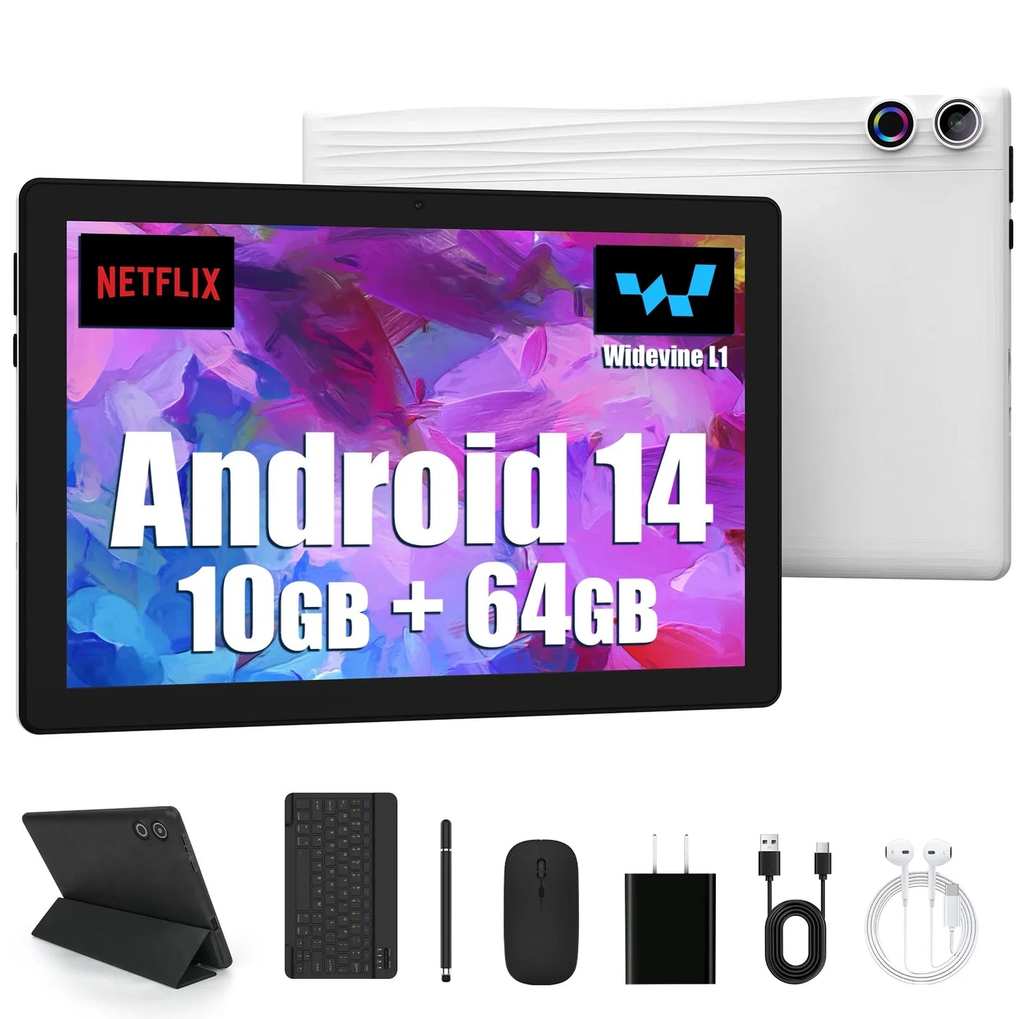 Android 14 10 inch Tablet,+Keyboard & Mouse Set, Black