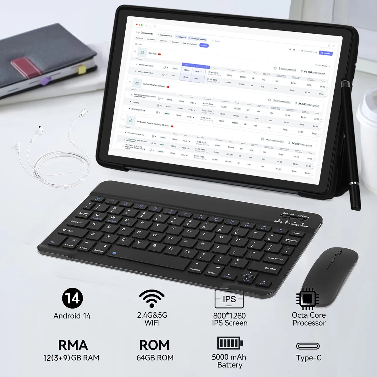 10Inch Tablet Android 14, HD IPS Screen Keyboard Mouse Stylus For PC Pad