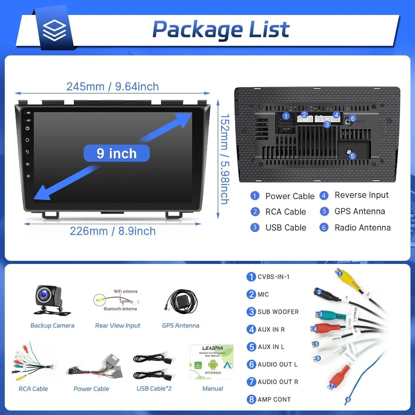 9 Inch Wireless Car Stereo for Honda CRV 2007-2011, CarPlay,Touch Screen, Rear Camera