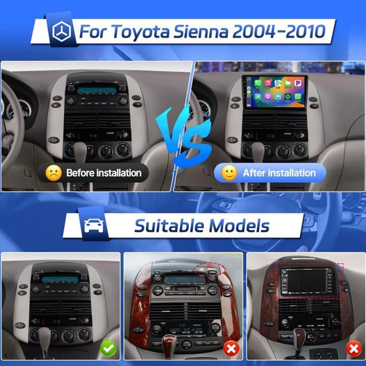 9 Inch Wireless Car Radio for Toyota Sienna 2004-2010 CarPlay Touchscreen