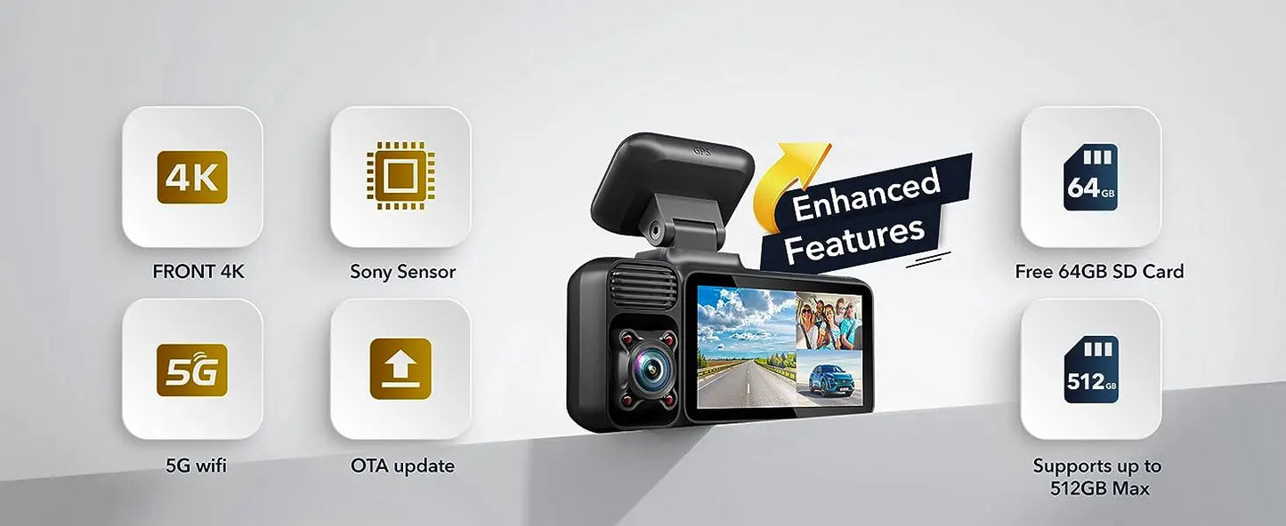 4k Dash Camera with 5G WiFi Triple Car Cameras Built-in GPS