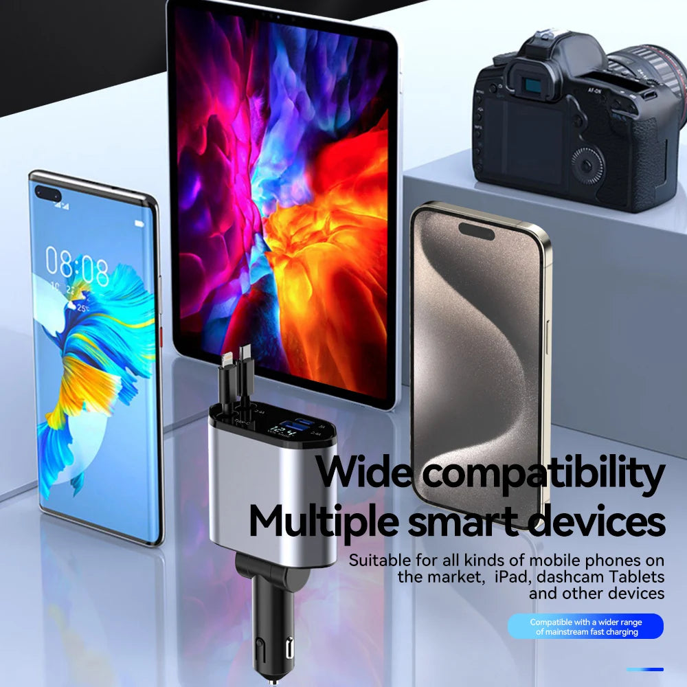 120W 4 in 1 Car Charger Retractable Car Cigarette Lighter Adapter