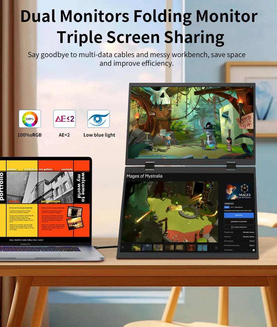 15.6 Inch Dual Portable Monitor for Laptop Folding Stacked Triple Display