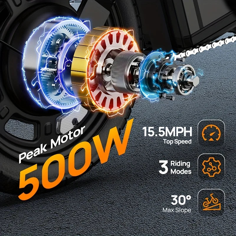 14 Inch Folding E-Bike 500W Power Removable & Fast Charge 40 Miles , Hydraulic Front Suspension .