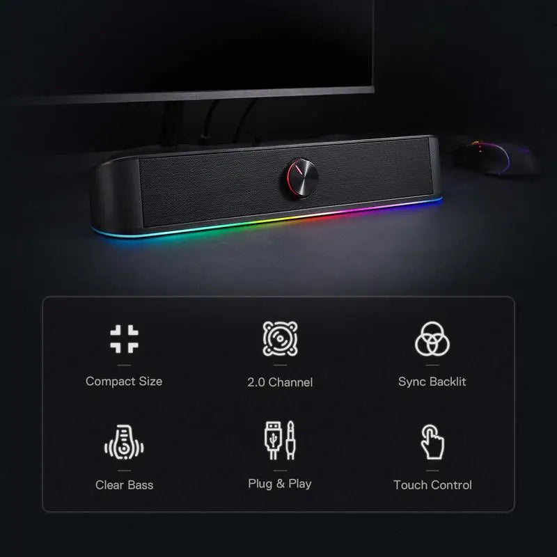 Desktop Soundbar, 2.0 Channel Computer Speaker with Lighting