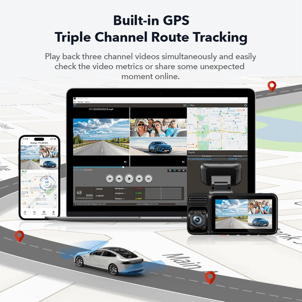 4k Dash Camera with 5G WiFi Triple Car Cameras Built-in GPS