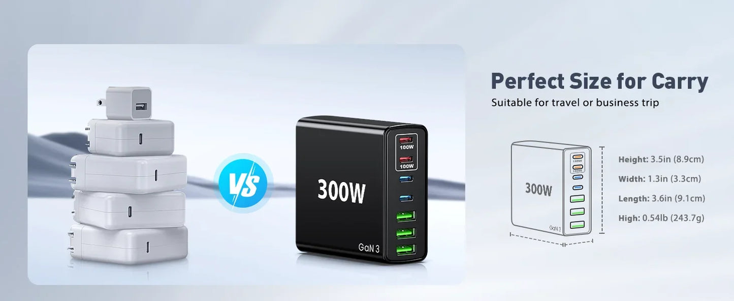 USB C Fast Charger 300 Watt: 7 Port USB Charging Station Hub Brick