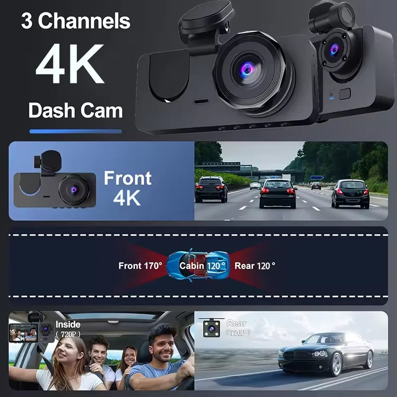 Car DVR 3Channel Dash Cam for Car 4K Video Recorder