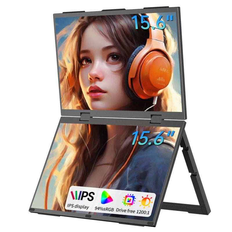 15.6 Inch Dual Portable Monitor for Laptop Folding Stacked Triple Display