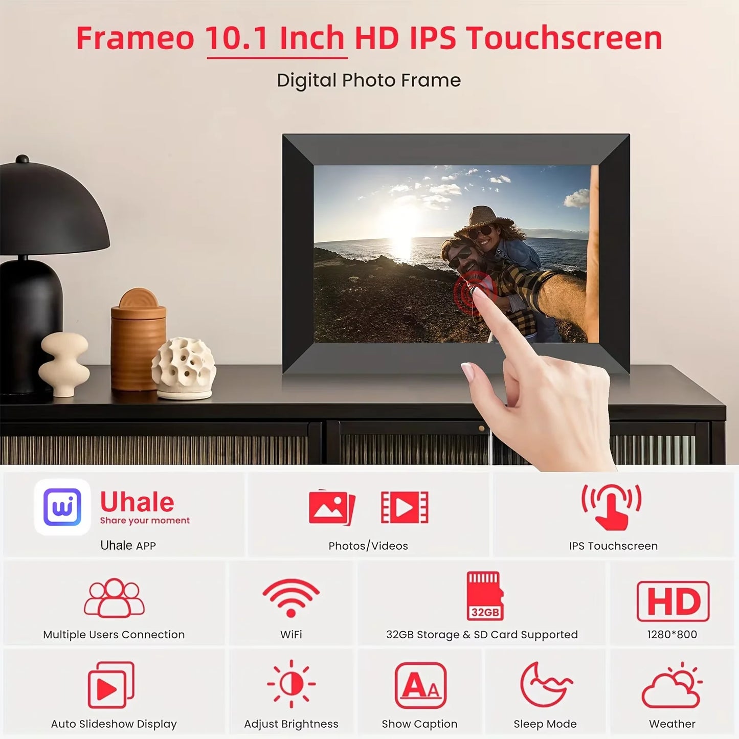 10.1” WiFi Digital Photo Frame, IPS Touch Screen, 32GB Storage