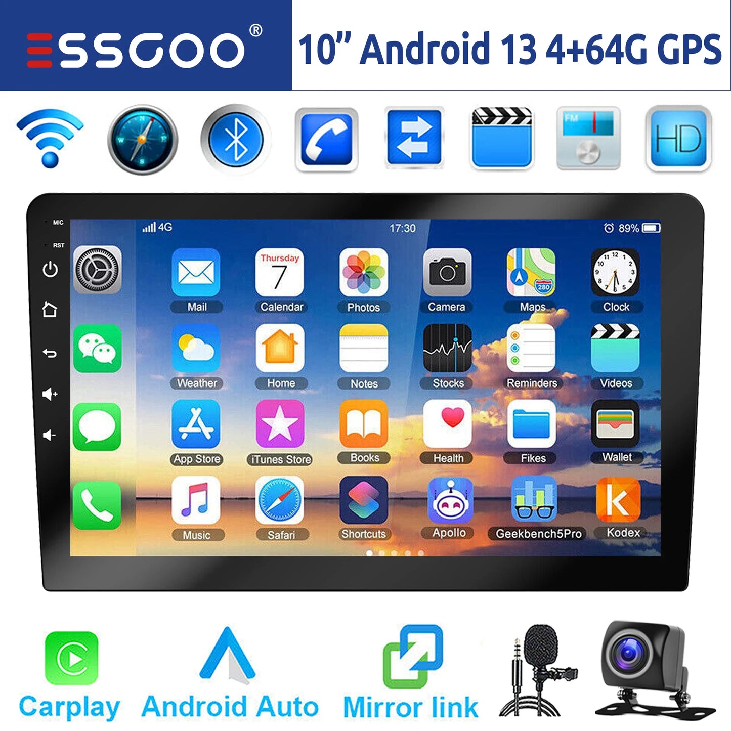 10“ 2 DIN Android 14 4+64G Car Stereo, Carplay Touchscreen