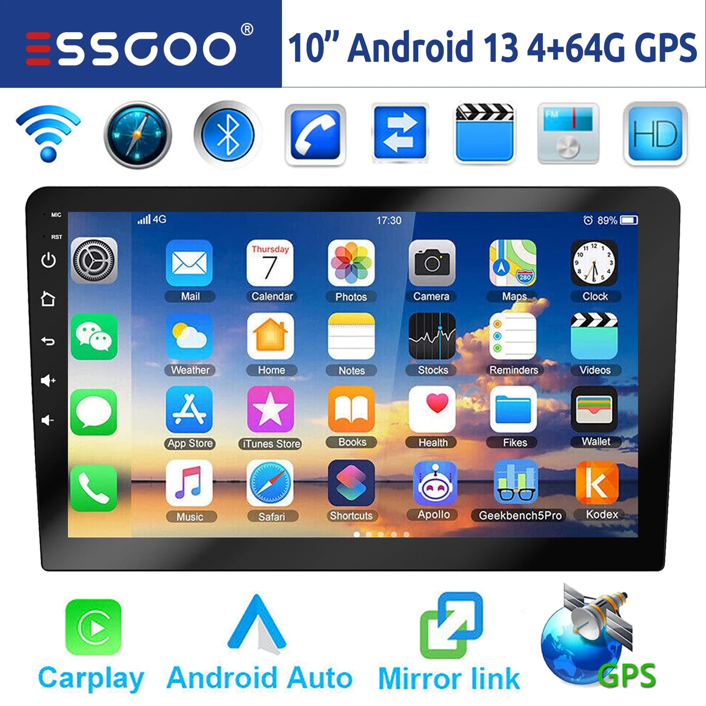 10“ 2 DIN Android 14 4+64G Car Stereo, Carplay Touchscreen