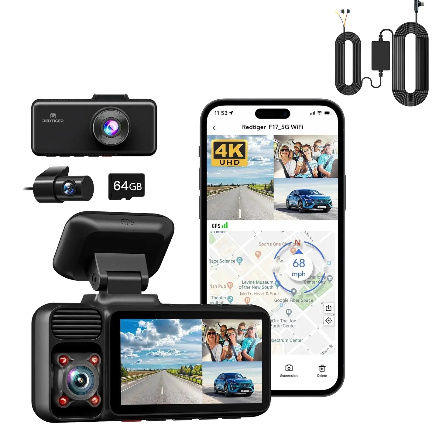 4k Dash Camera with 5G WiFi Triple Car Cameras Built-in GPS