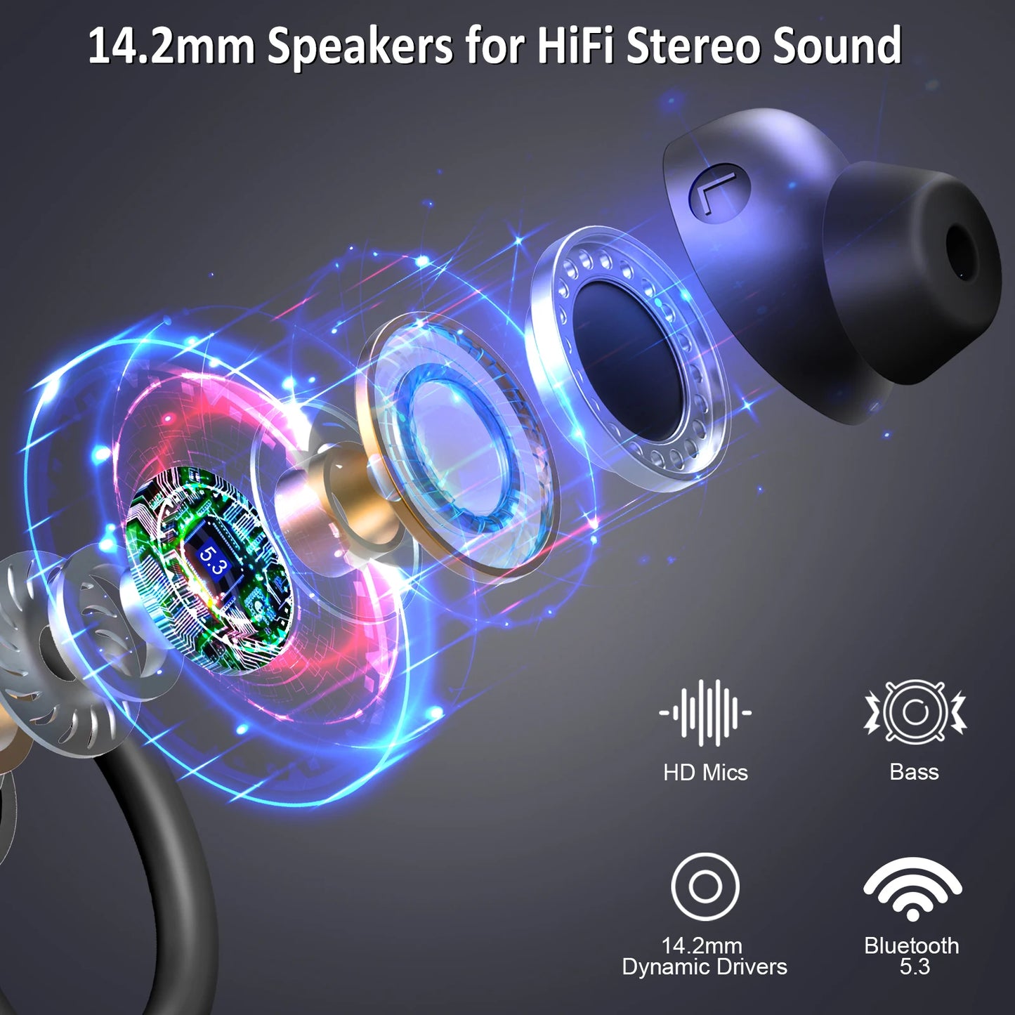Bluetooth 5.3 Earbuds Stereo Bass, in-Ear Noise Cancelling Waterproof Sports