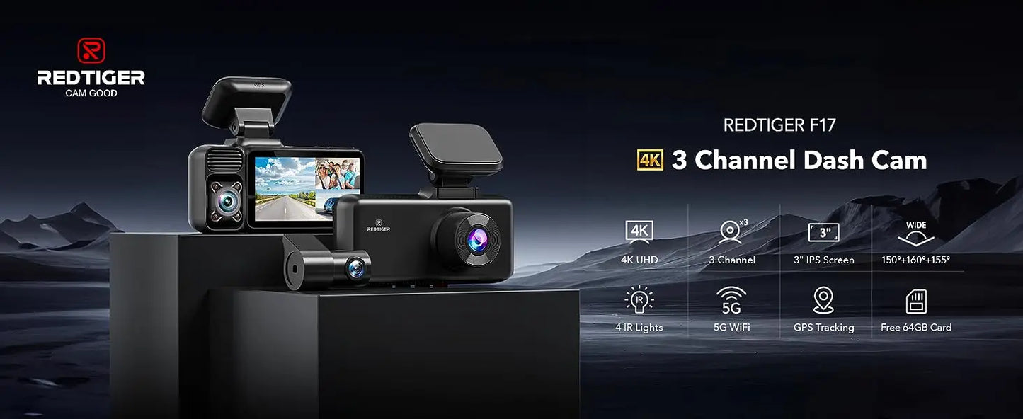 4k Dash Camera with 5G WiFi Triple Car Cameras Built-in GPS