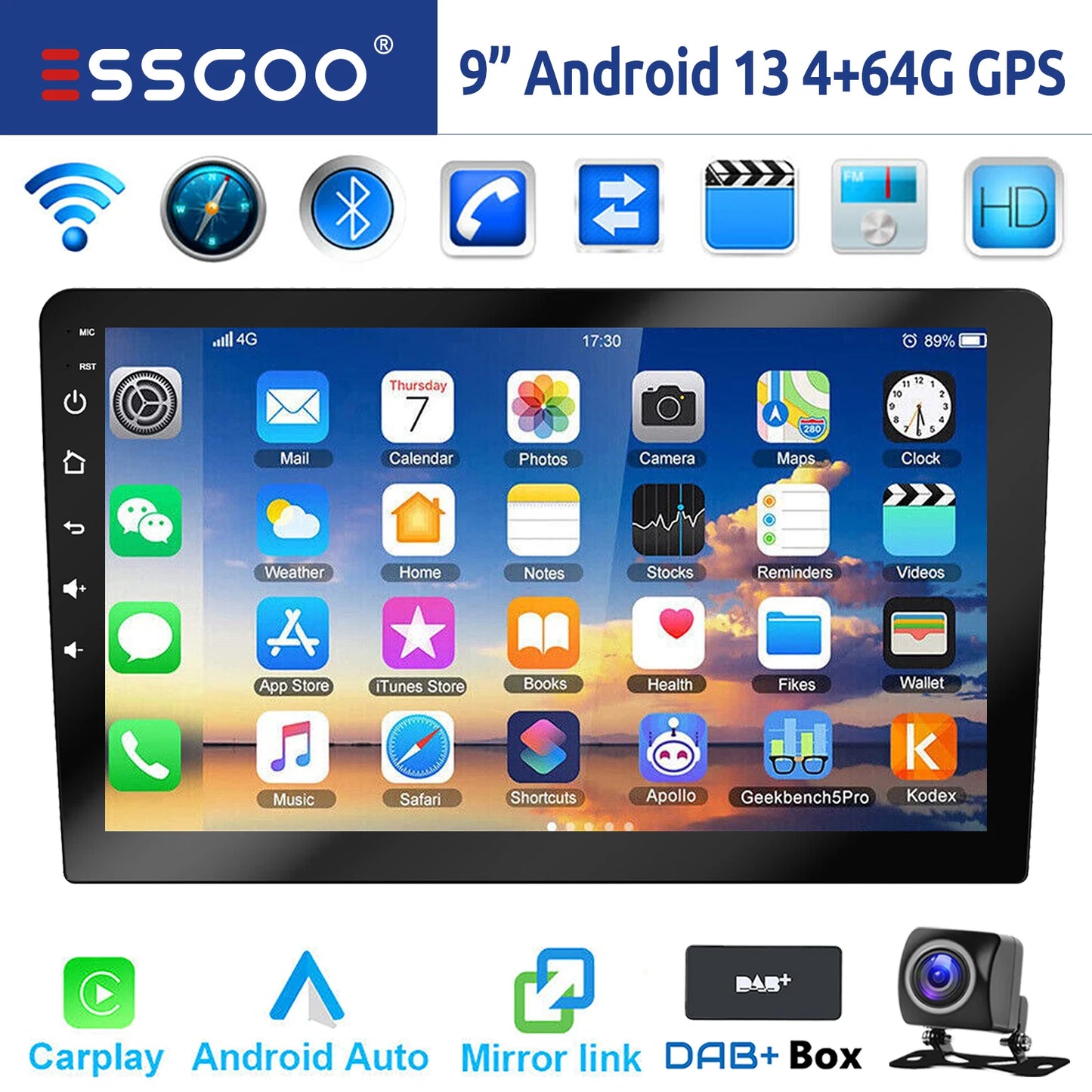 10“ 2 DIN Android 14 4+64G Car Stereo, Carplay Touchscreen