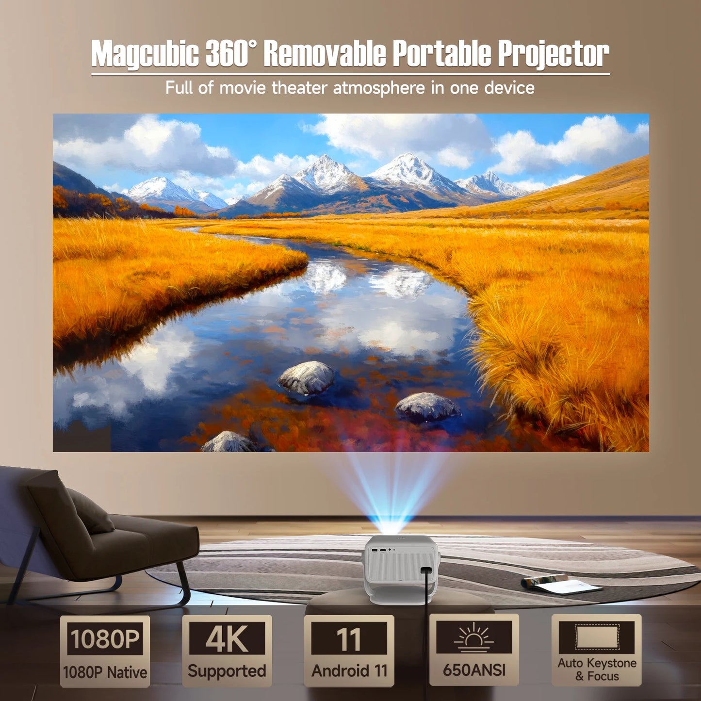 Projector 4K 1080P Auto Focus & Keystone Correction Android11 WIFI6 360° Portable