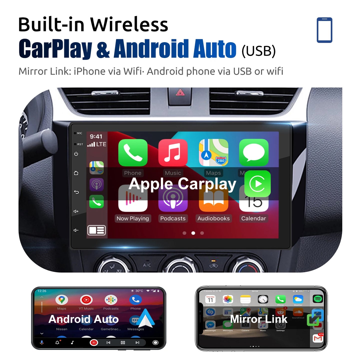 10“ 2 DIN Android 14 4+64G Car Stereo, Carplay Touchscreen