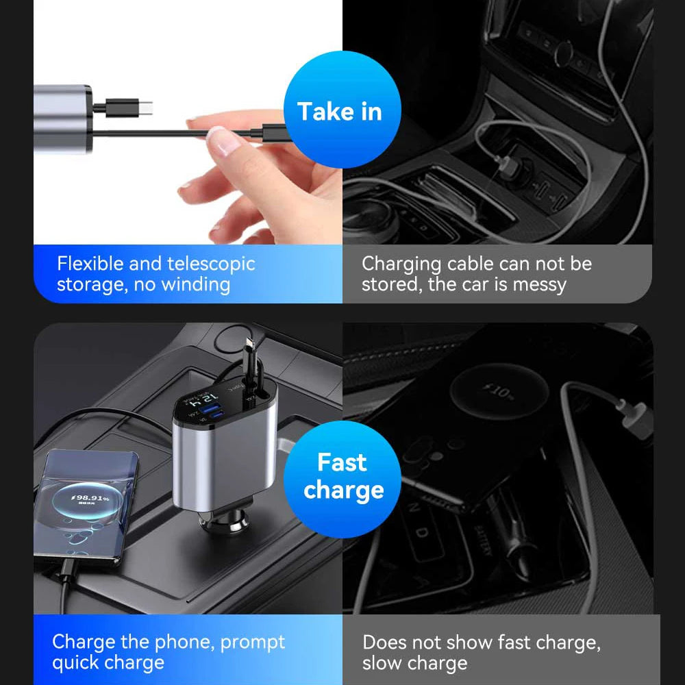 120W 4 in 1 Car Charger Retractable Car Cigarette Lighter Adapter