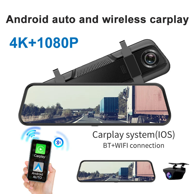Dash Cam 4K Car Mirror Wireless Carplay & Android Auto