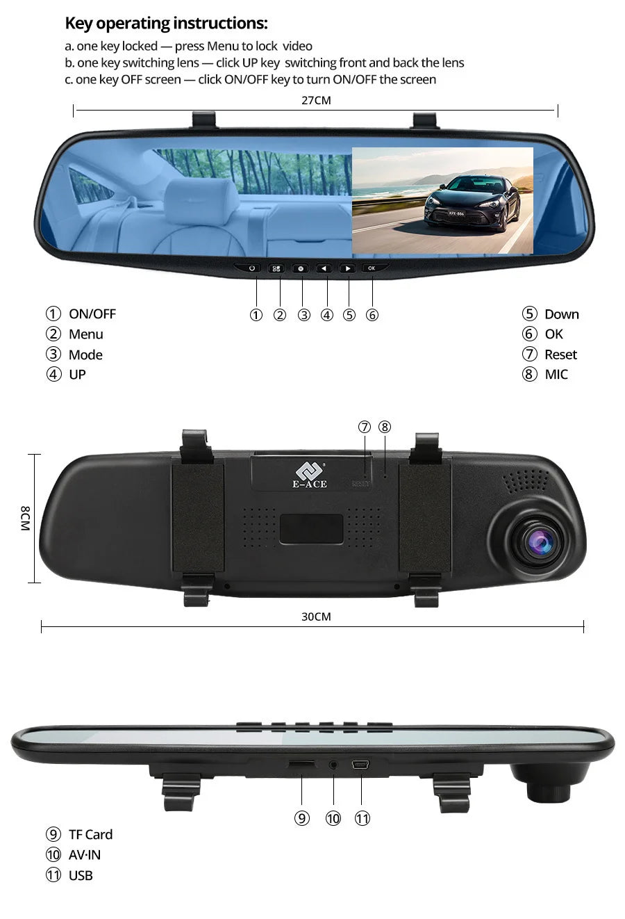 Dash Cam 4.3 Inches, Dual Lens Front and Rear Camera