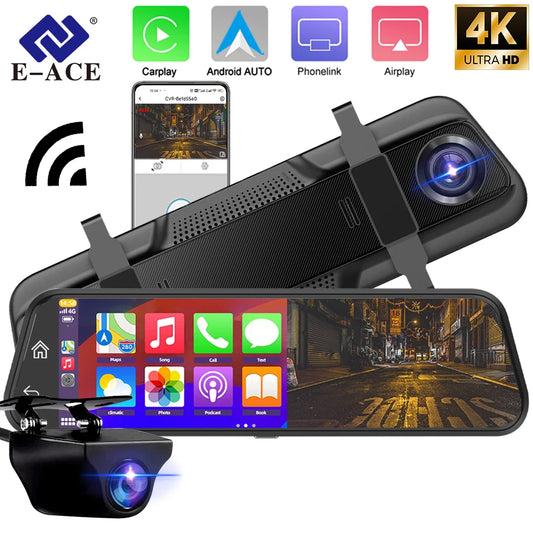 Dash Cam 4K Car Mirror Wireless Carplay & Android Auto