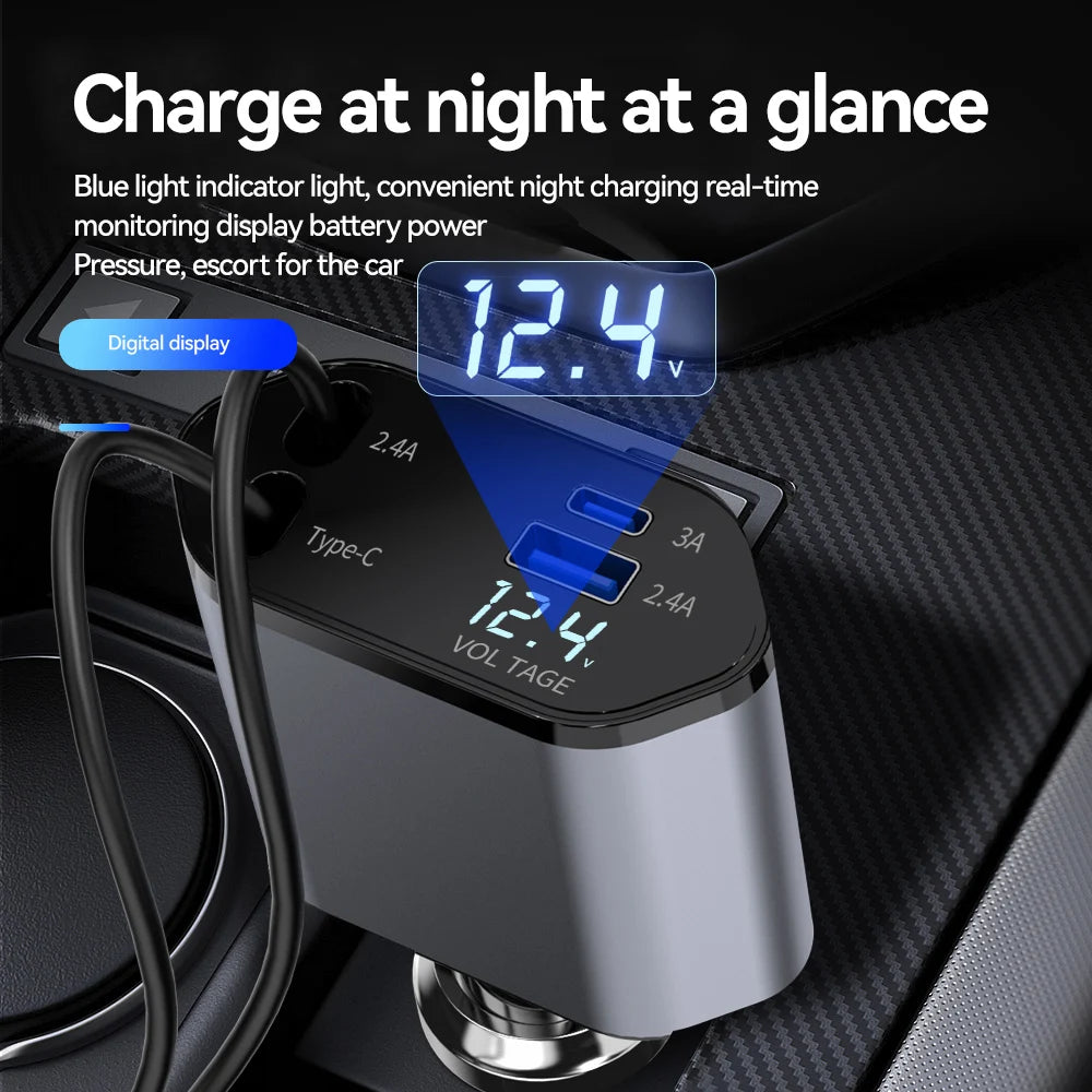 120W 4 in 1 Car Charger Retractable Car Cigarette Lighter Adapter