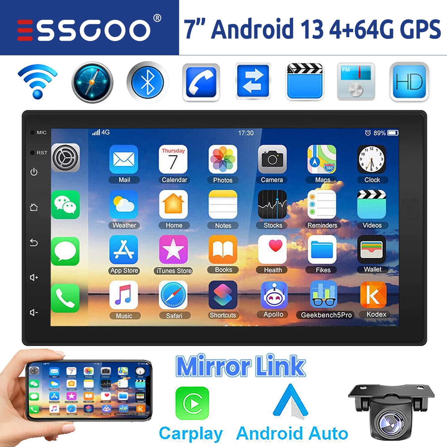 10“ 2 DIN Android 14 4+64G Car Stereo, Carplay Touchscreen