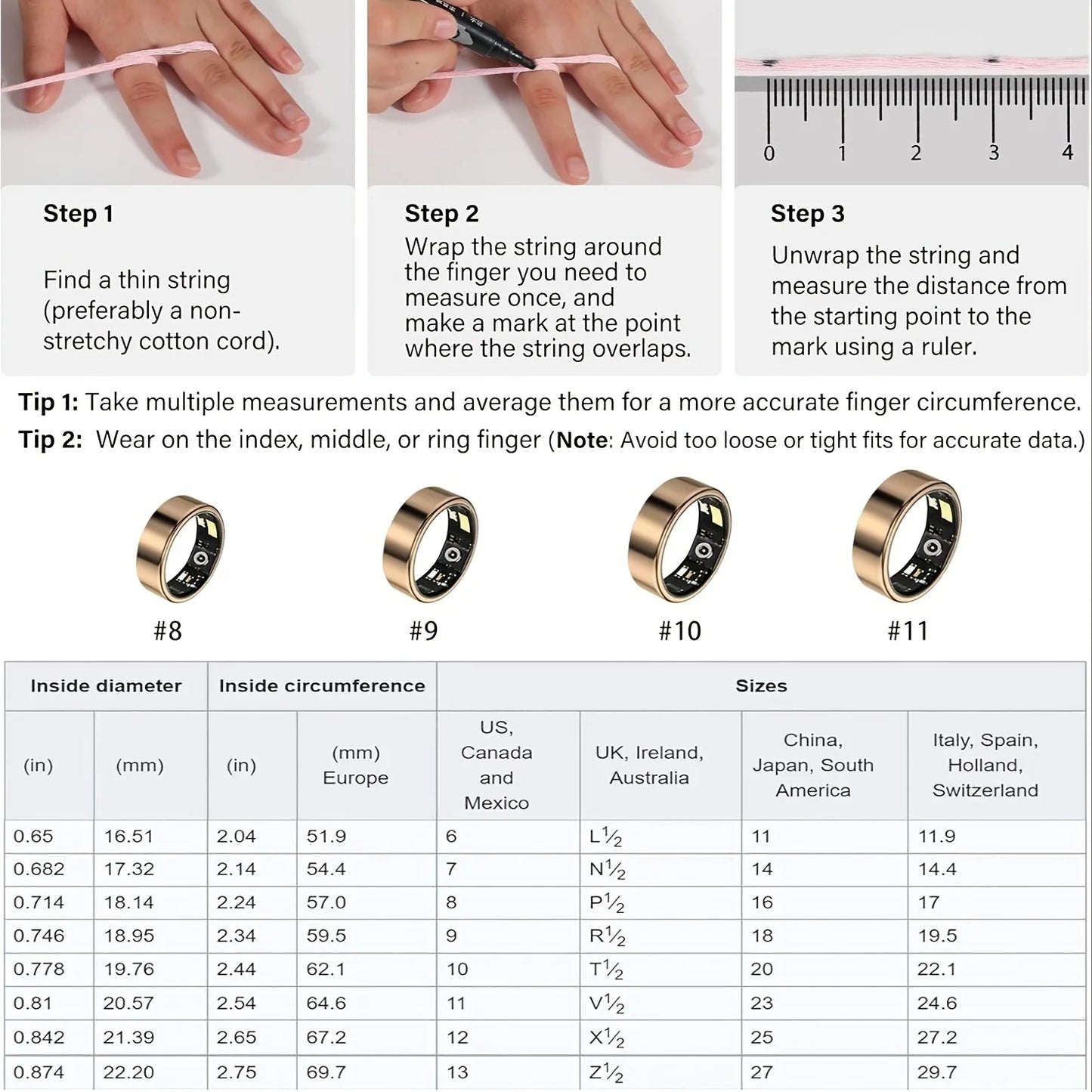 Smart ring, compatible with iPhone and Android, for women and men