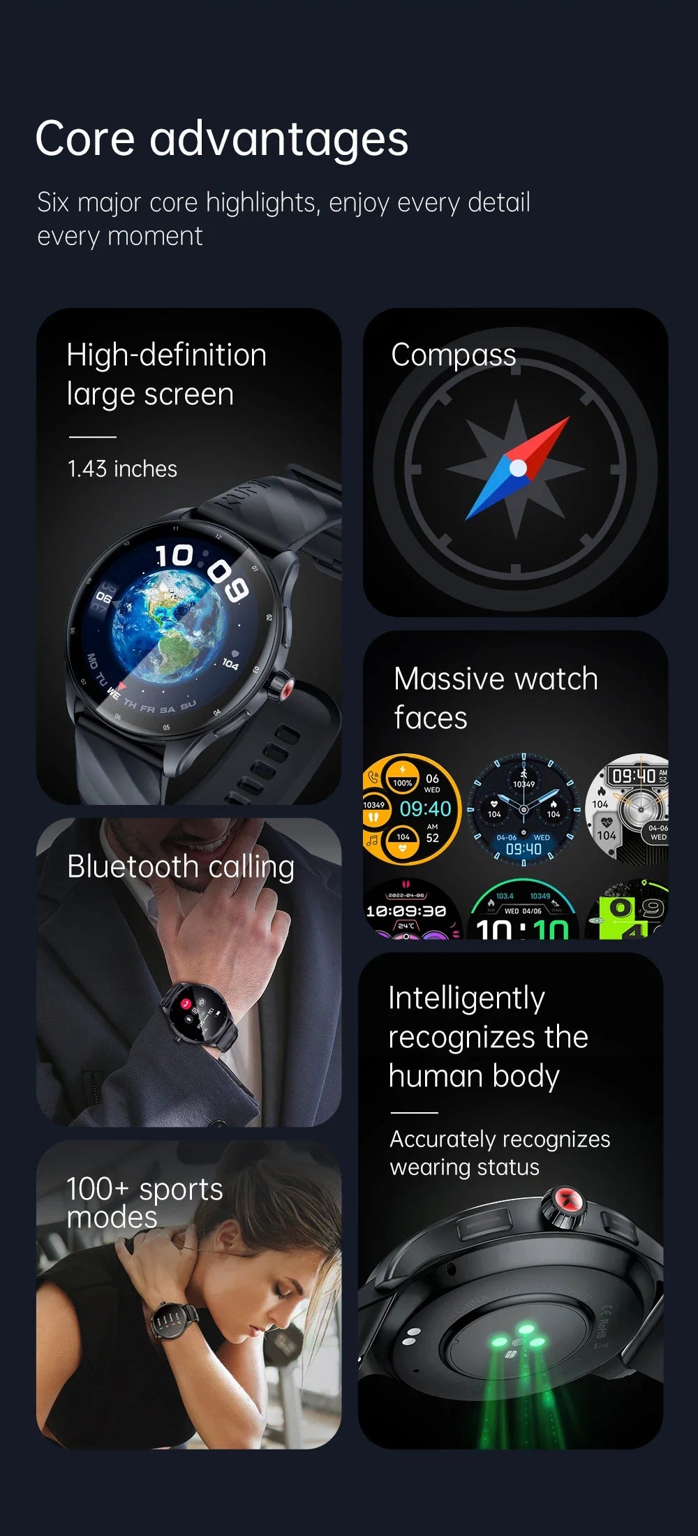 Smartwatch 1.43" AMOLED IP68 Waterproof Bluetooth 5.2 Fitness, Heart Rate, Blood Oxygen Monitor