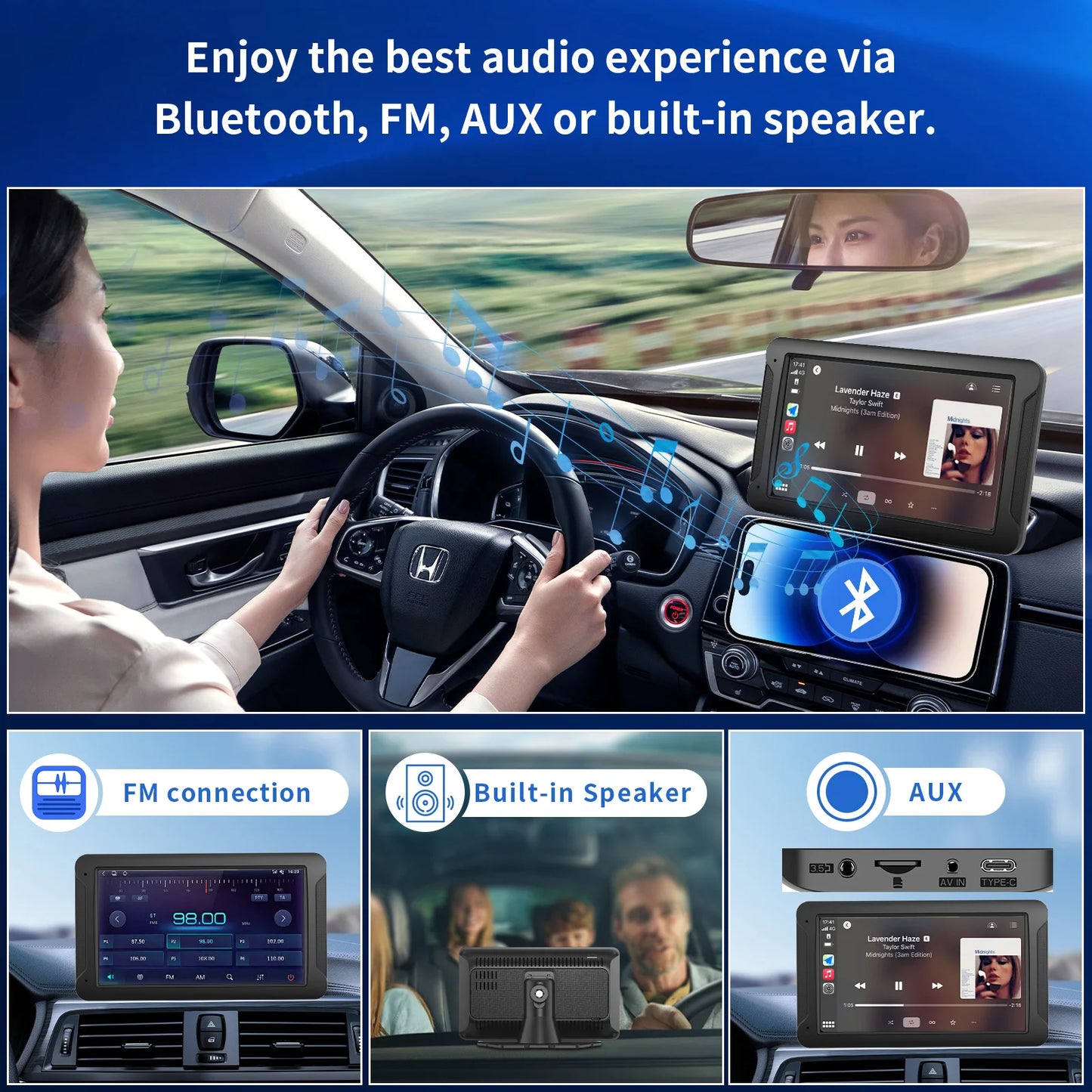Wireless Car Play Screen for Car, 7" HD Portable Stereo Touch screen with Backup Cam